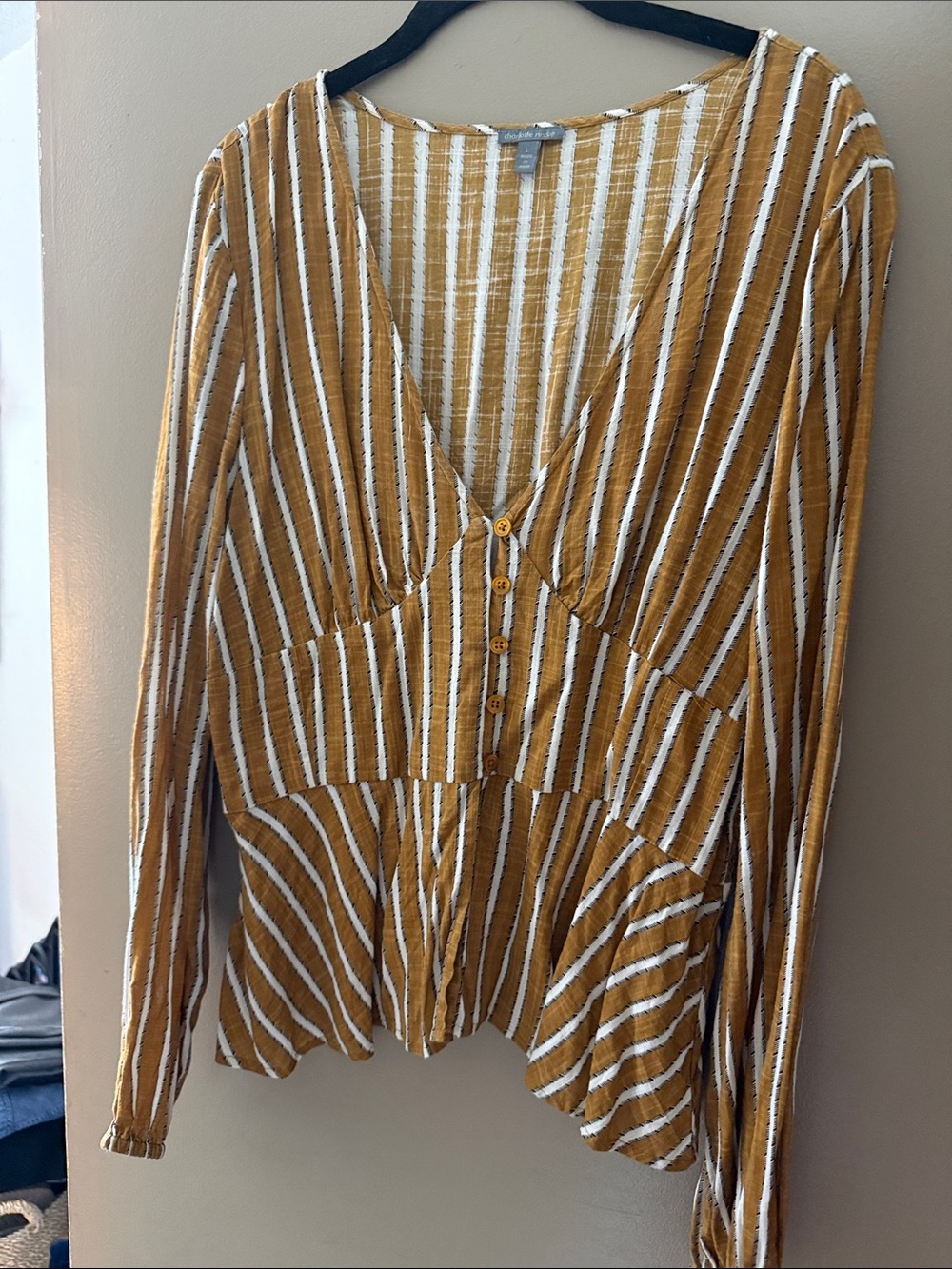 Charlotte Russe Mustard and White Striped V-Neck Peplum Top